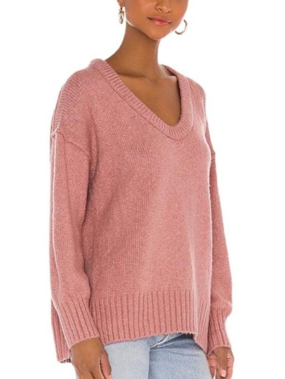 Free People Womens Alpine Rose Pink Brookside V-Neck Tunic Sweater Size Large